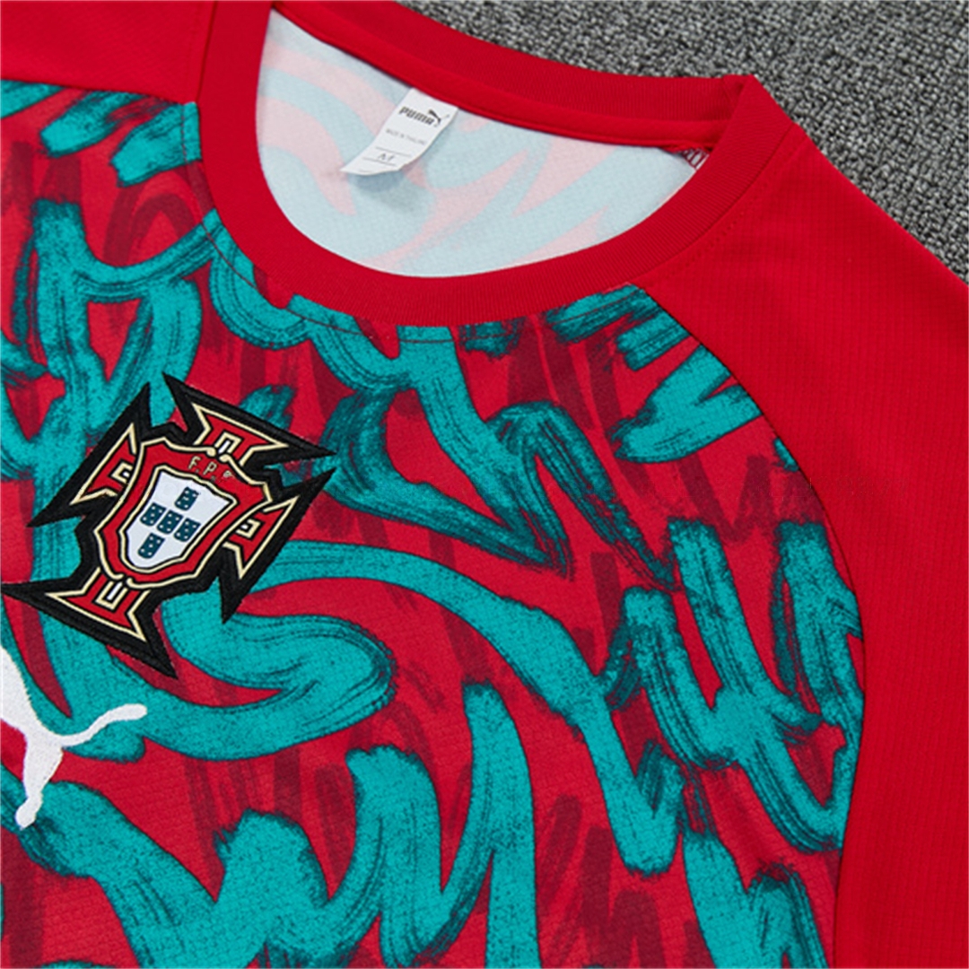 Portugal 2026 Kids Short-Sleeve Training Set - Red And Turquoise With A Swirling Pattern Top & Pants - UnitedFutballJersey