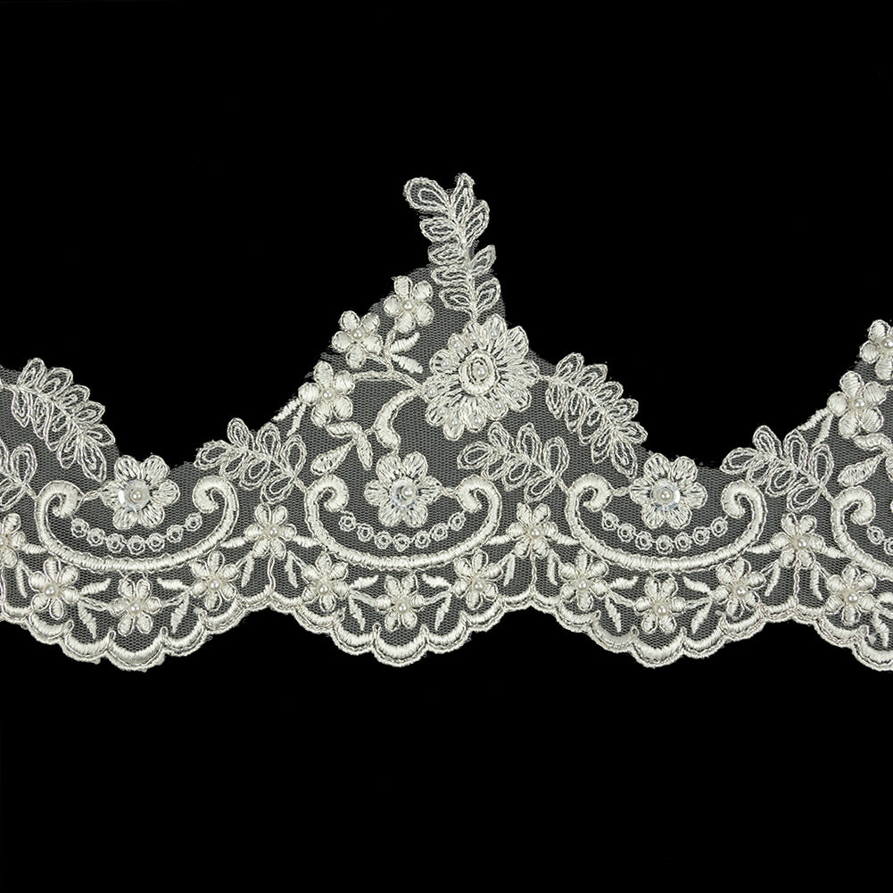 Off White and Metallic Silver Floral and Scalloped Bridal Lace Trim with Faux Pearl Beads - 5.5
