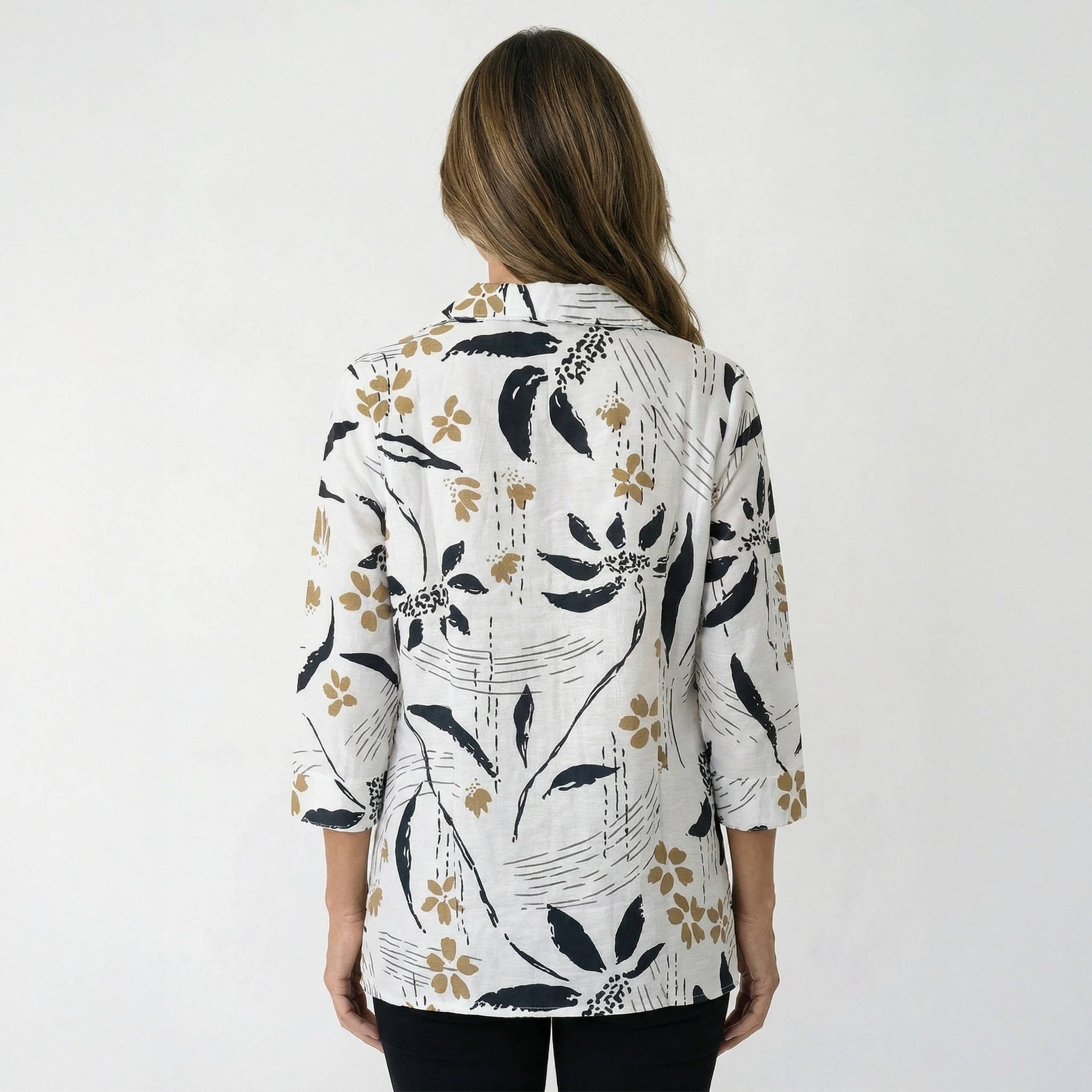 Abstract Floral Button-Front Shirt, Wired Collar, 3/4 Sleeves - Northstyle Catalog