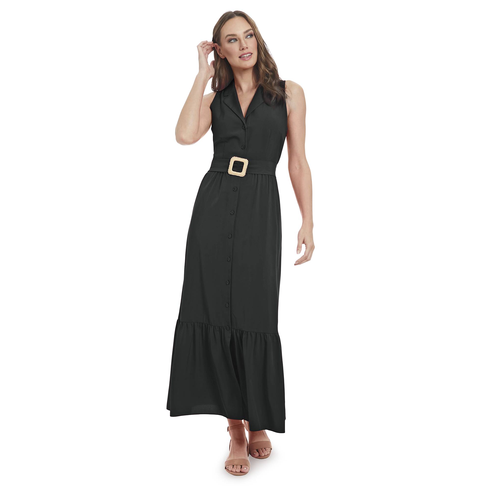 Sleeveless Black Maxi Shirtdress, Collared, Button Front, Removeable Belt - Northstyle Catalog