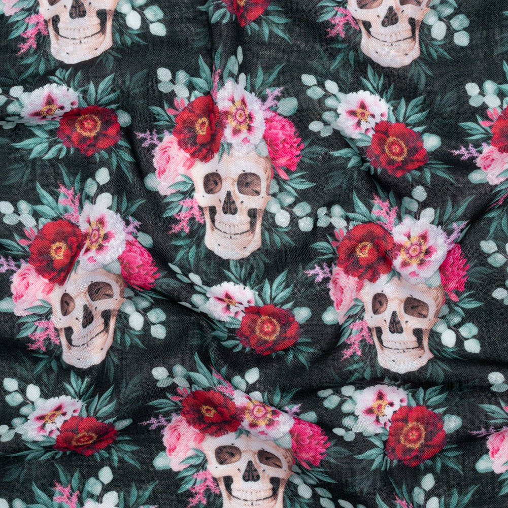 Medium Weight Linen and Cotton Woven - Black, Pink and Ivory Flower Skulls - Joann Fabrics