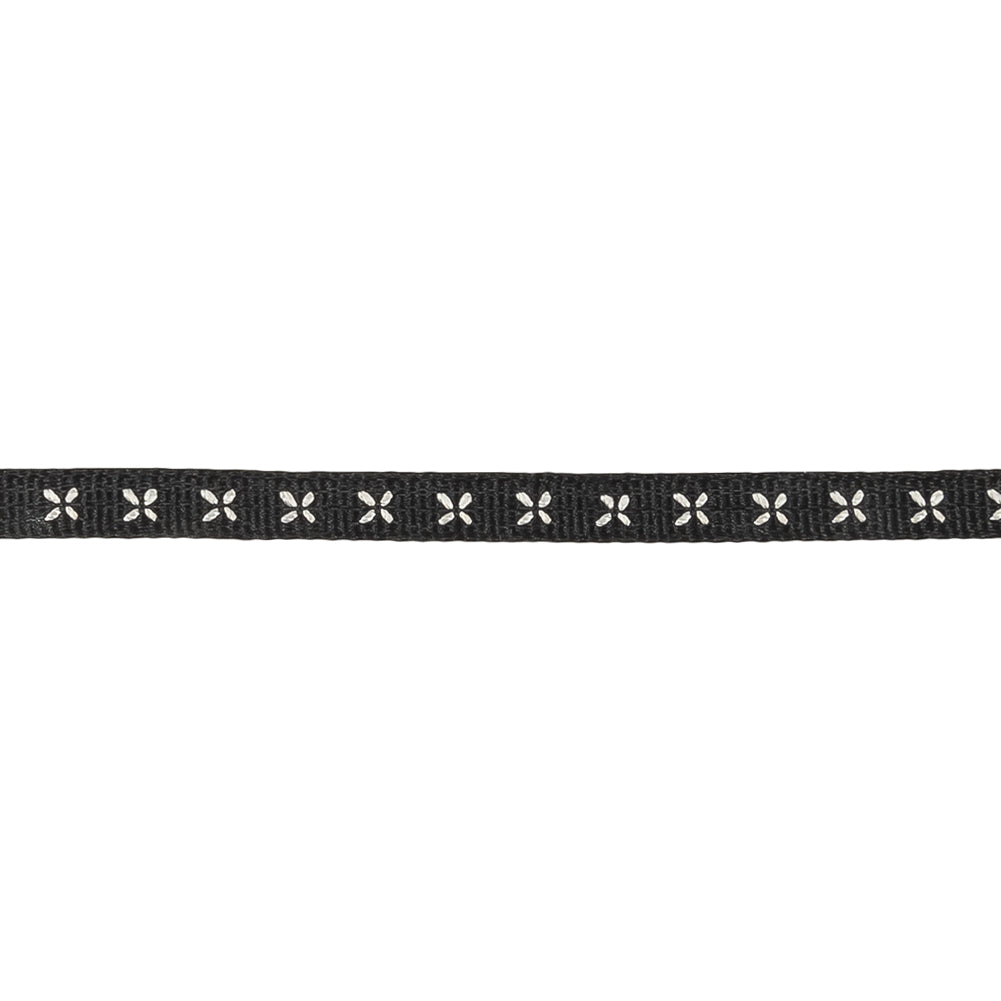Black Onyx Grosgrain Ribbon with Blanc de Blanc Stitched Flowers - 0.25