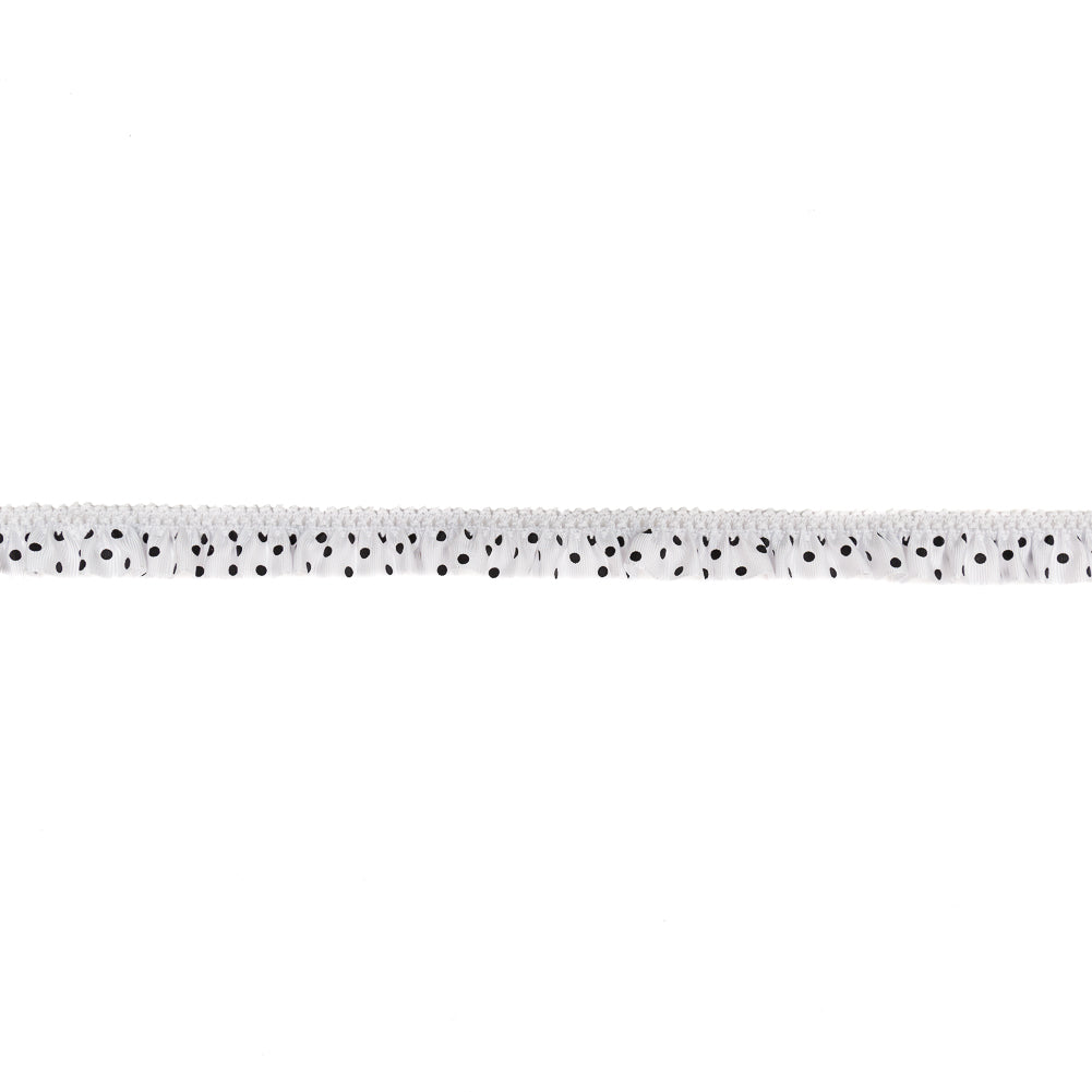 European White and Black Polka Dot Ruffled Stretch Grosgrain .875