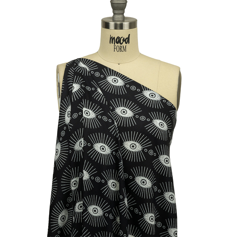 Rayon Batiste - Black and WhiteLines of Eyes - Tell Tale Print - Mood Exclusive Nevermore Collection - Joann Fabrics