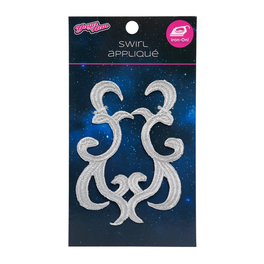 Yaya Han Iron-On Metallic Embroidered Applique Pair - Silver Swirls, 4.25