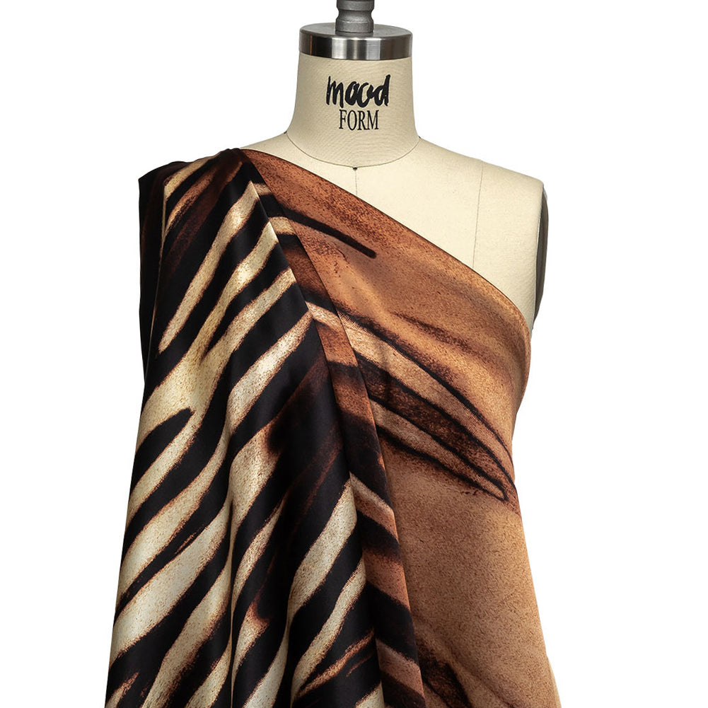 Mood Exclusive Italian Black, White and Brown Abstracted Zebra Border Printed Silk Charmeuse - Joann Fabrics