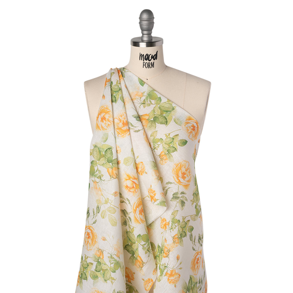 Medium Weight Linen Woven Print - Orange and Green on White Little Roses - Joann Fabrics