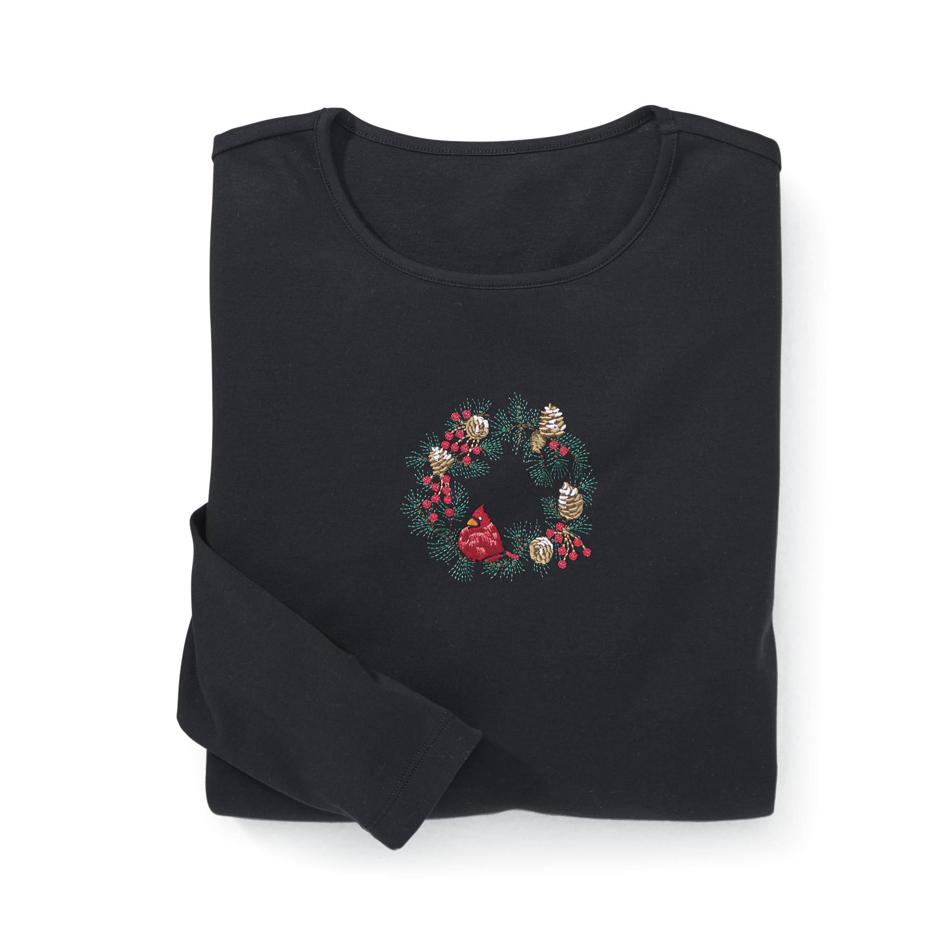 Embroidered Cardinal Wreath Holiday Spirit Cotton Knit Top - Northstyle Catalog