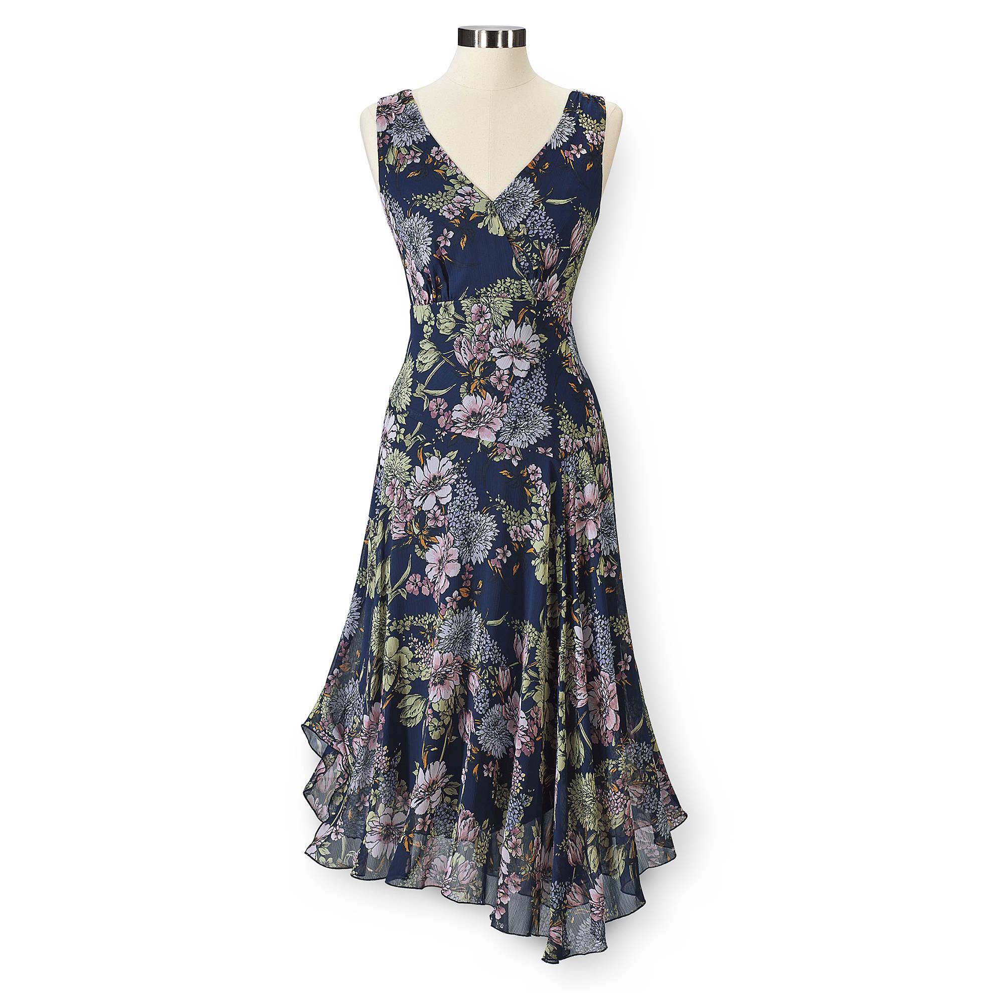Romantic Floral Chiffon V-Neck Dress, Empire Waist, Asymmetric Hem - Northstyle Catalog