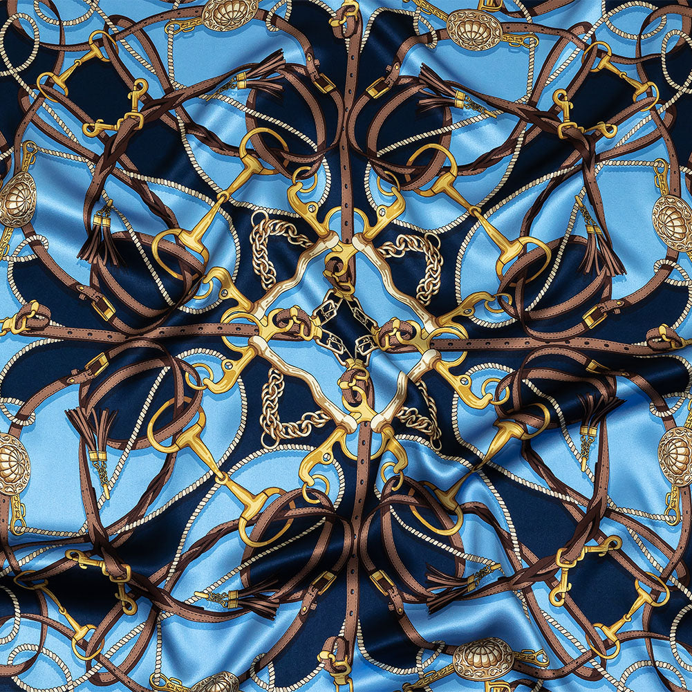 Mood Exclusive Italian Blue, Brown and Gold Bridles and Reins Silk Charmeuse Panel - Joann Fabrics