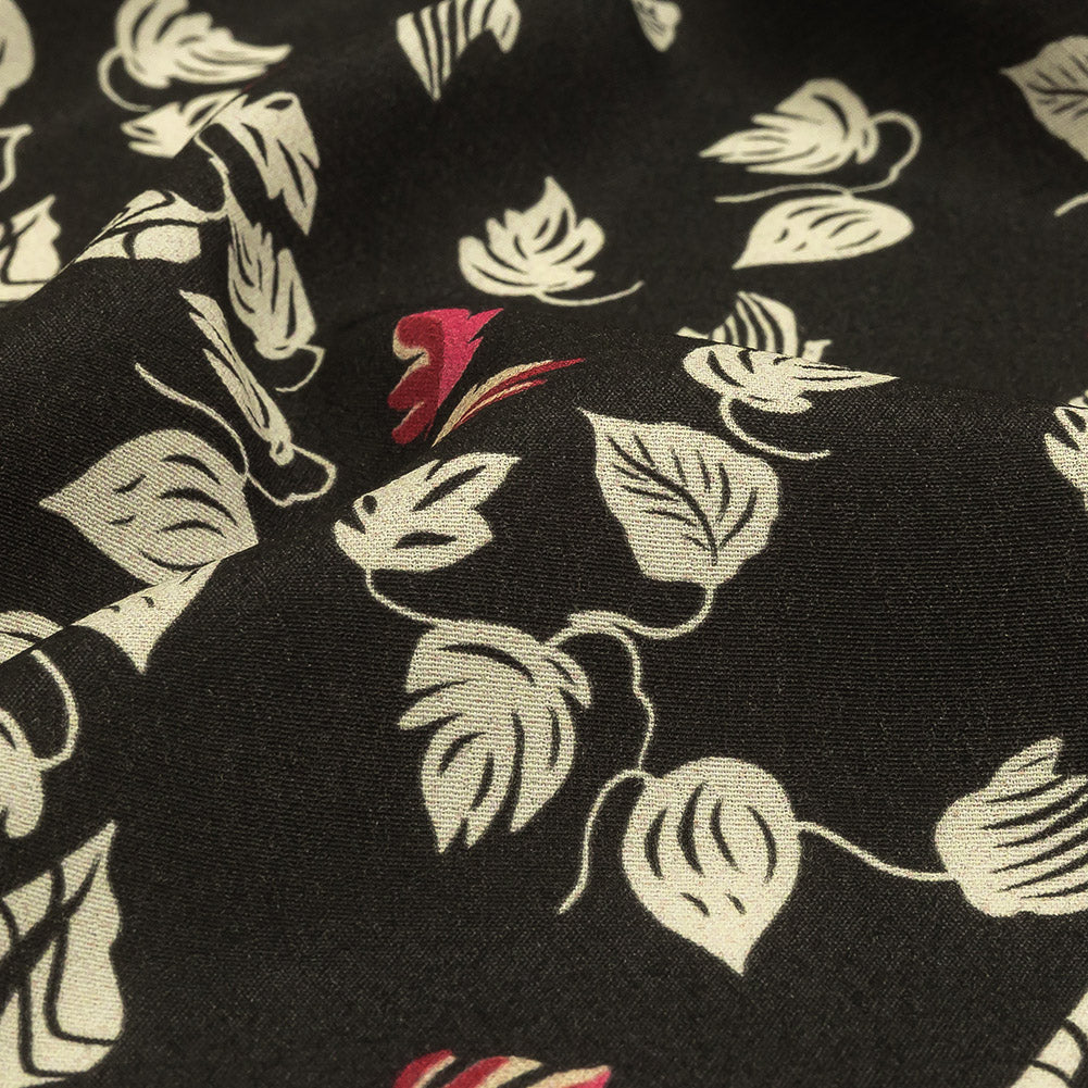 Viscose Crepe Print - Black, White and Pink Leaves - Mood Exclusive Lingering Leaves - Joann Fabrics
