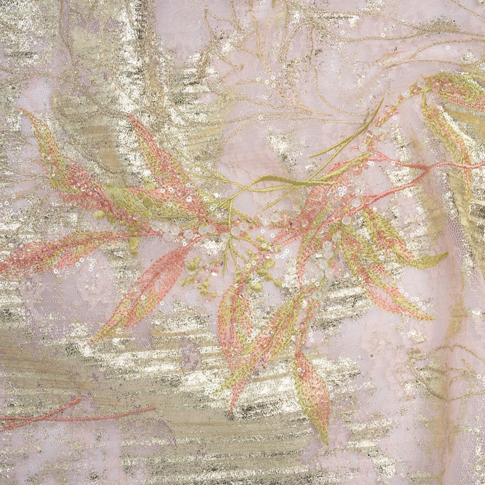 Metallic Foiled Plisse Lace with Embroidery and Beading on Tulle Backing - Light Pink and Gold Flowering Branches - Joann Fabrics