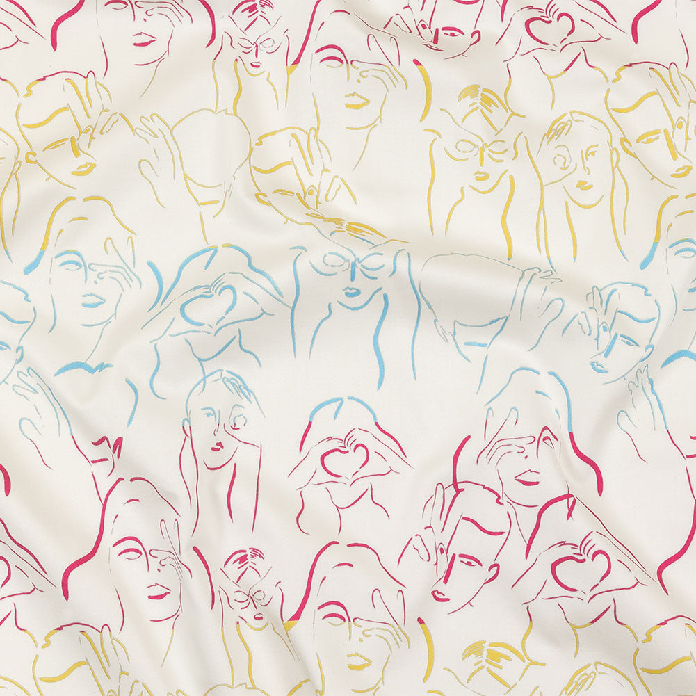 Stretch Cotton Sateen - Blue, Yellow and Pink Faces and Hands - Language of Love Print - Mood Exclusive Pride Collection - Joann Fabrics