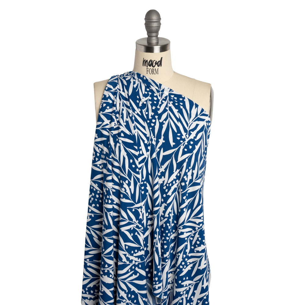 Stretch Polyester Tricot - Dark Blue and White Leafy Stems - Designer Deadstock - Joann Fabrics