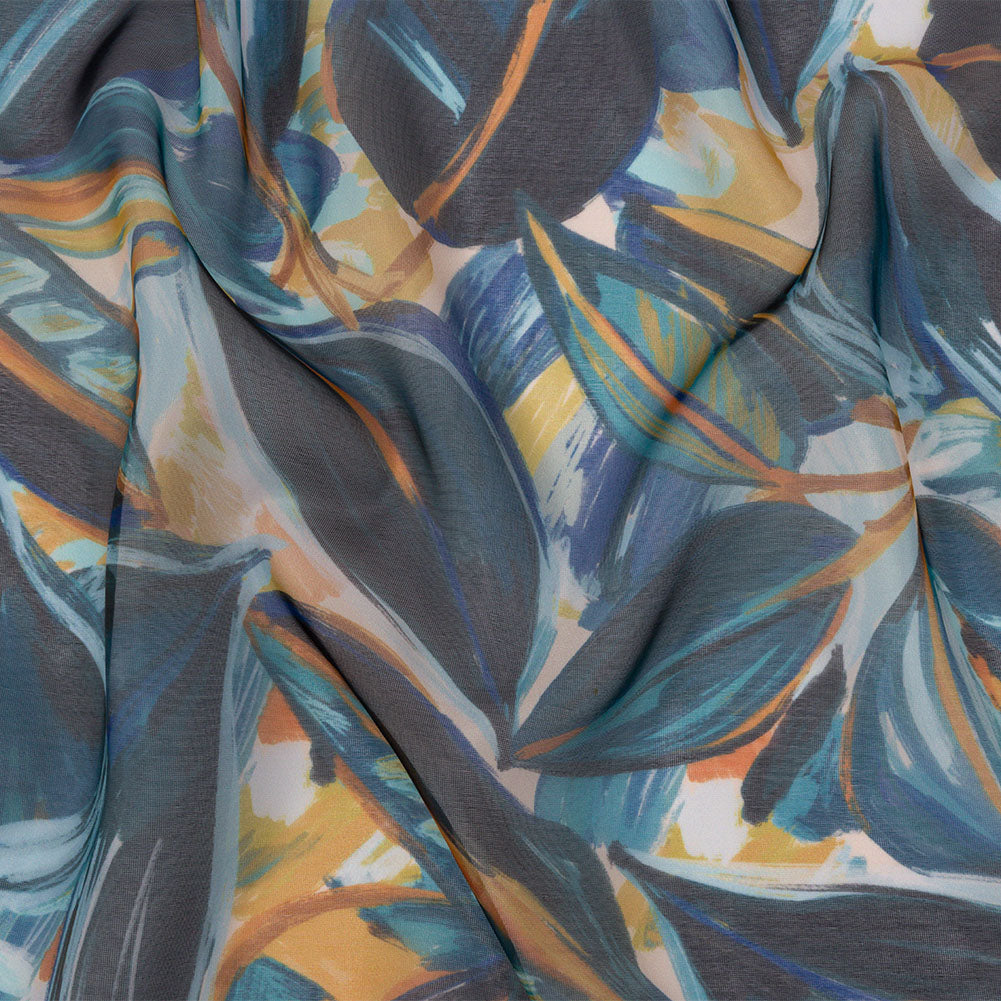 Sheer Polyester Woven Print - Dark Blue and Yellow Painterly Leaves - Mood Exclusive Eye of the Beholder - Joann Fabrics