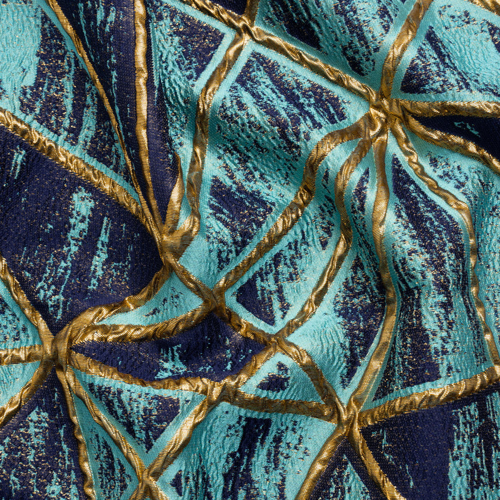Metallic Gold, Turquoise and Navy Geometric Distress Luxury Brocade - Joann Fabrics