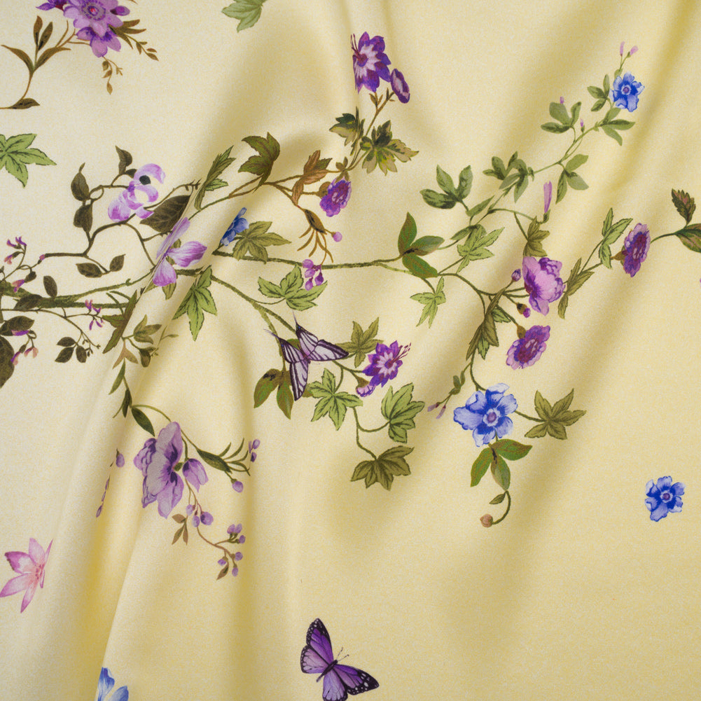 Silk Charmeuse Print 16MM, Made in Italy - Yellow Ombre with Purple and Blue Floral Borders - Joann Fabrics