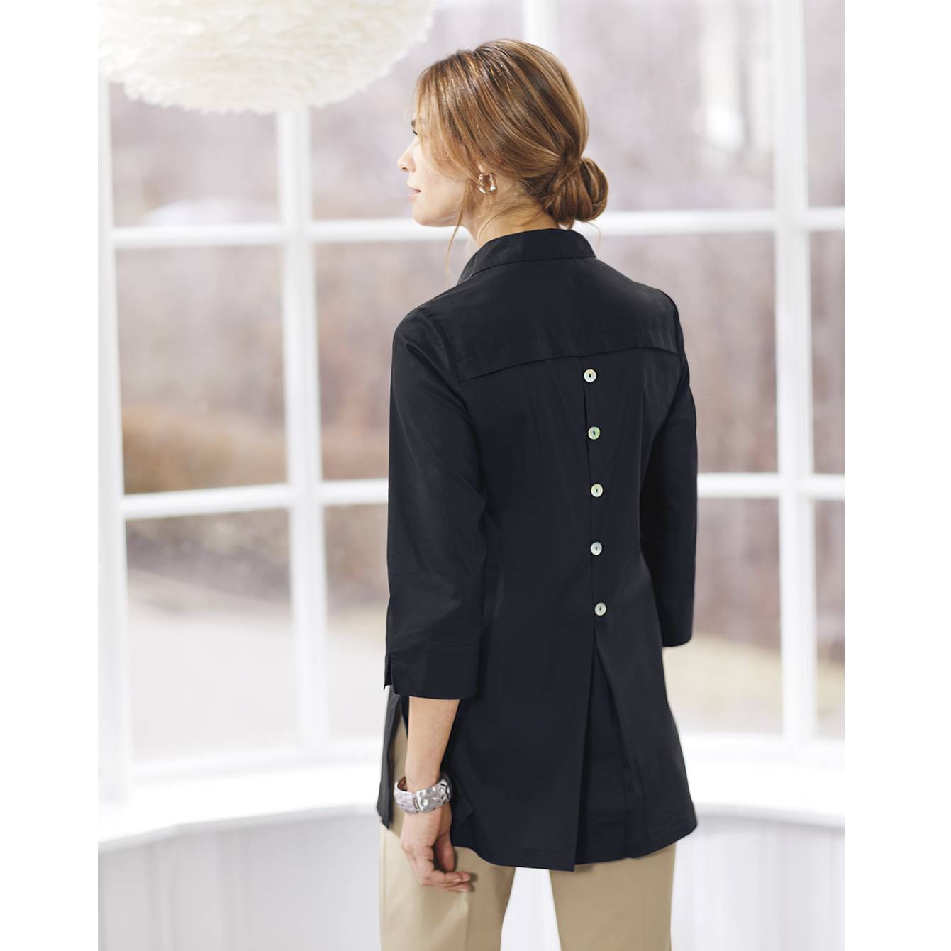Button Accent Tunic, A-Line, 3/4 Sleeves, Back Yoke, Side Slits - Northstyle Catalog