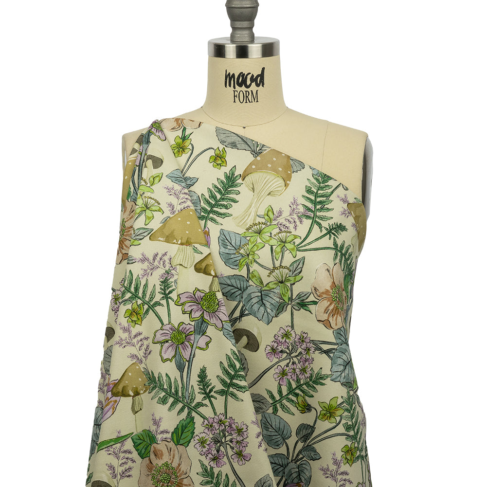 Stretch Cotton Twill Print - Cream. Green and Blue Mushrooms and Flowers - Mood Exclusive Mycelium Mystique - Joann Fabrics