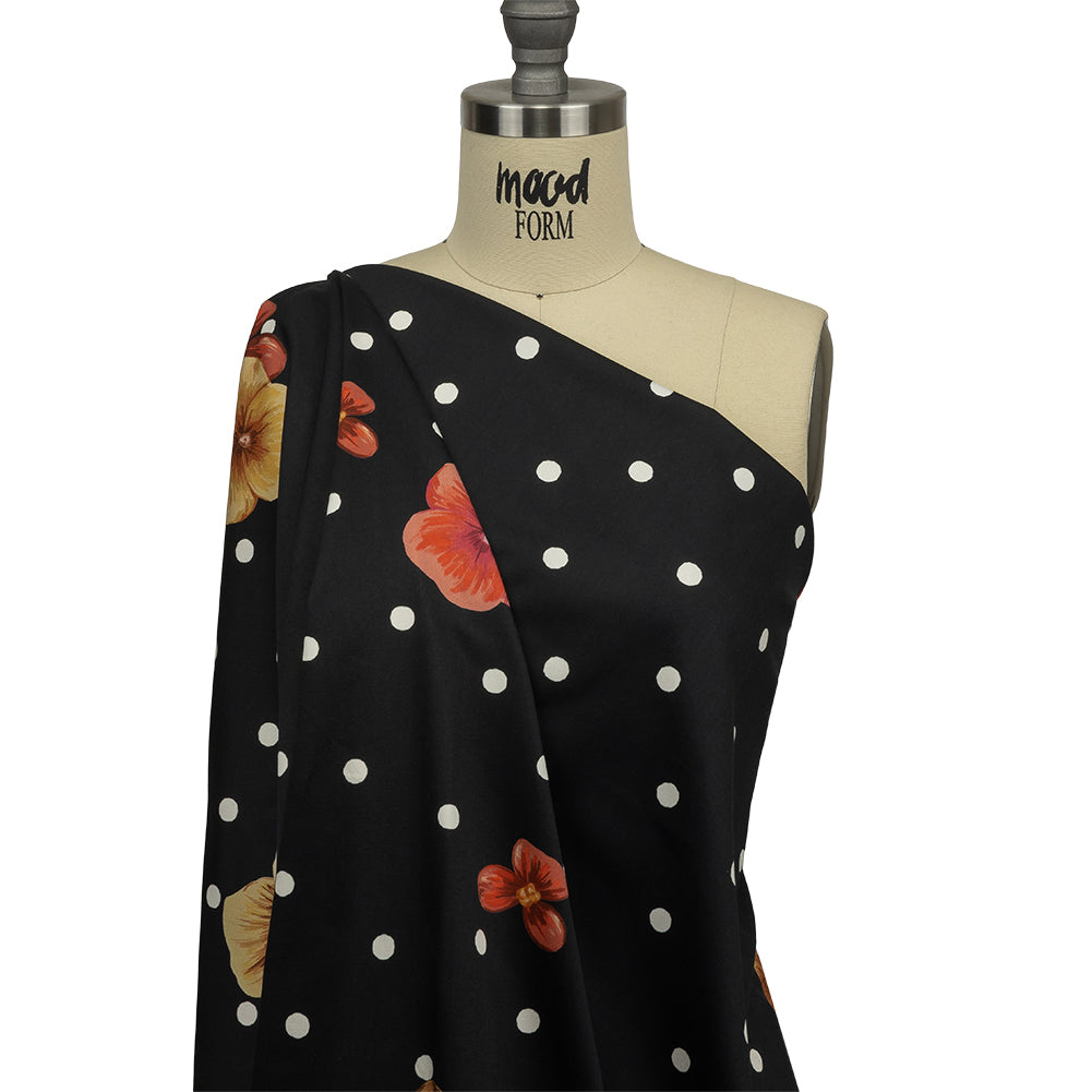 Stretch Cotton Sateen - Black Floral and Polka Dots - Treasures Renewed Print - Mood Exclusive Rockland Collection - Joann Fabrics
