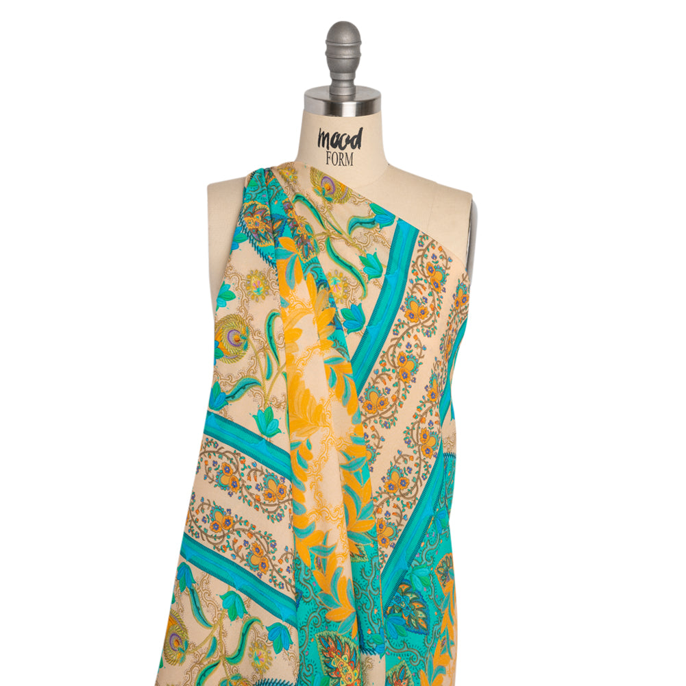 Viscose Crepe Panel - Teal and Golden Orange Fancy Leaves - Mood Exclusive Peacock Gardens - Joann Fabrics