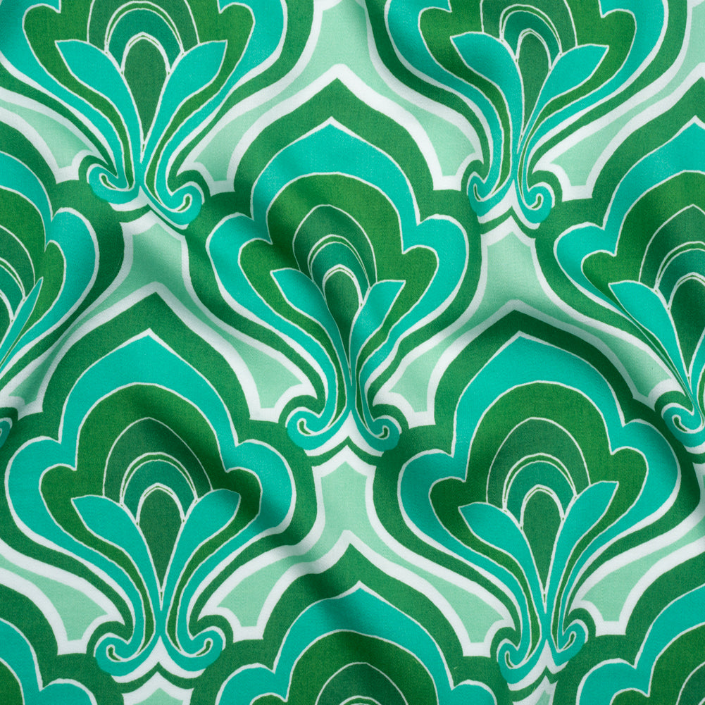 Rayon Batiste - Green and Teal Retro Palmette Floral - Made in Italy - Joann Fabrics