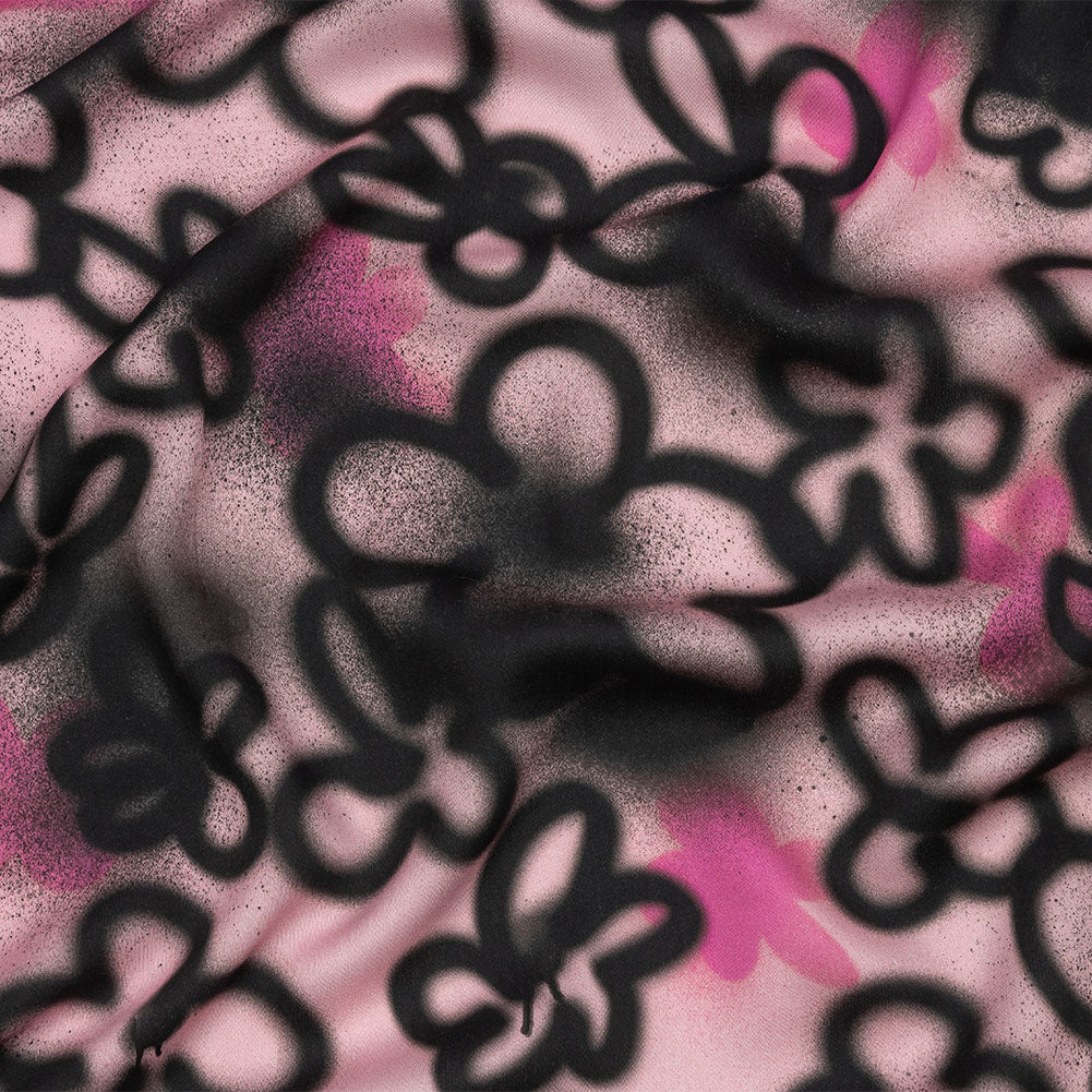 Rayon Challis - Pink and Black Spraypaint Floral - Street Sketch Print - Mood Exclusive Metro Collection - Joann Fabrics