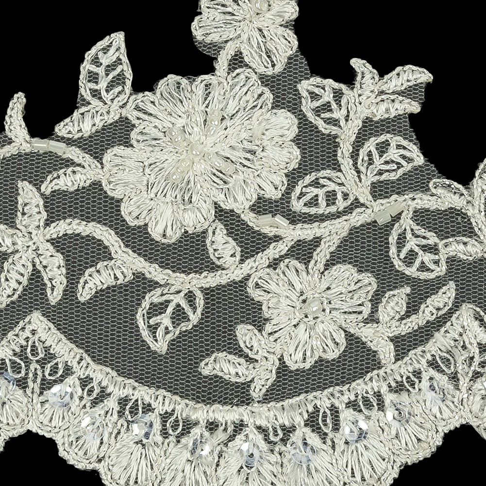 Off White and Striped Metallic Silver Floral Sequins and Beaded Bridal Lace Trim with Scalloped Edge - 4.5