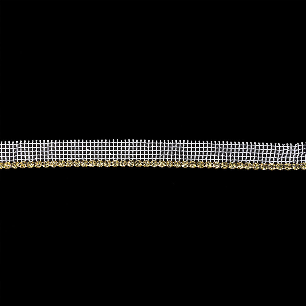 Vintage One Row Czech Crystal Rhinestones in Gold Settings on White Mesh - 0.75