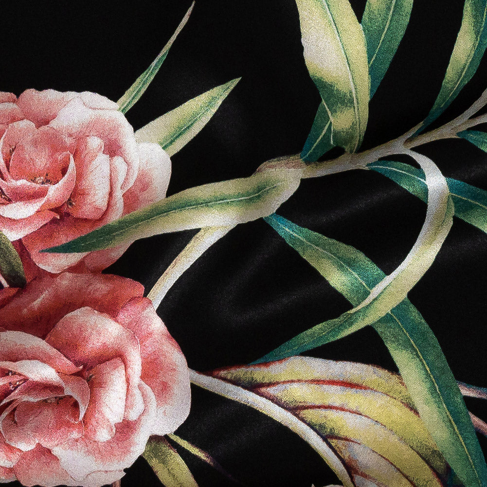 Mood Exclusive Italian Black, Red and Blue Floral Border Digitally Printed Silk Charmeuse - Joann Fabrics