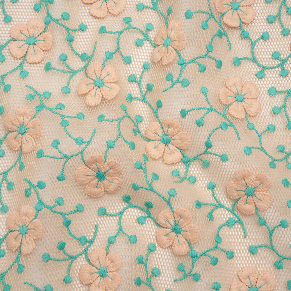 3D Embroidered Spacer Mesh - Peach and Turquoise Floral Vines - Designer Deadstock - Joann Fabrics