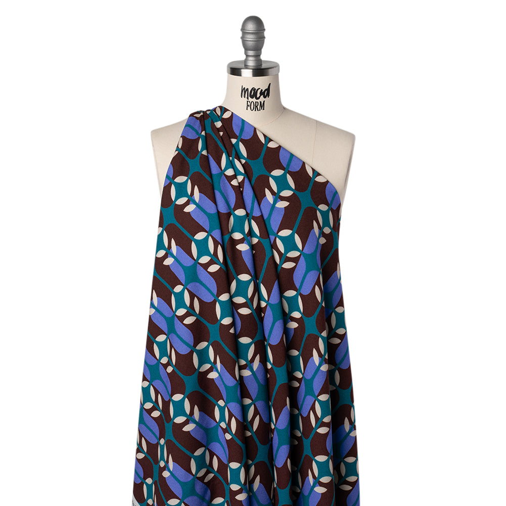 Viscose Crepe - Chocolate Brown, Blue and Teal Retro Geometric - Mood Exclusive Mod Logic Print - Joann Fabrics