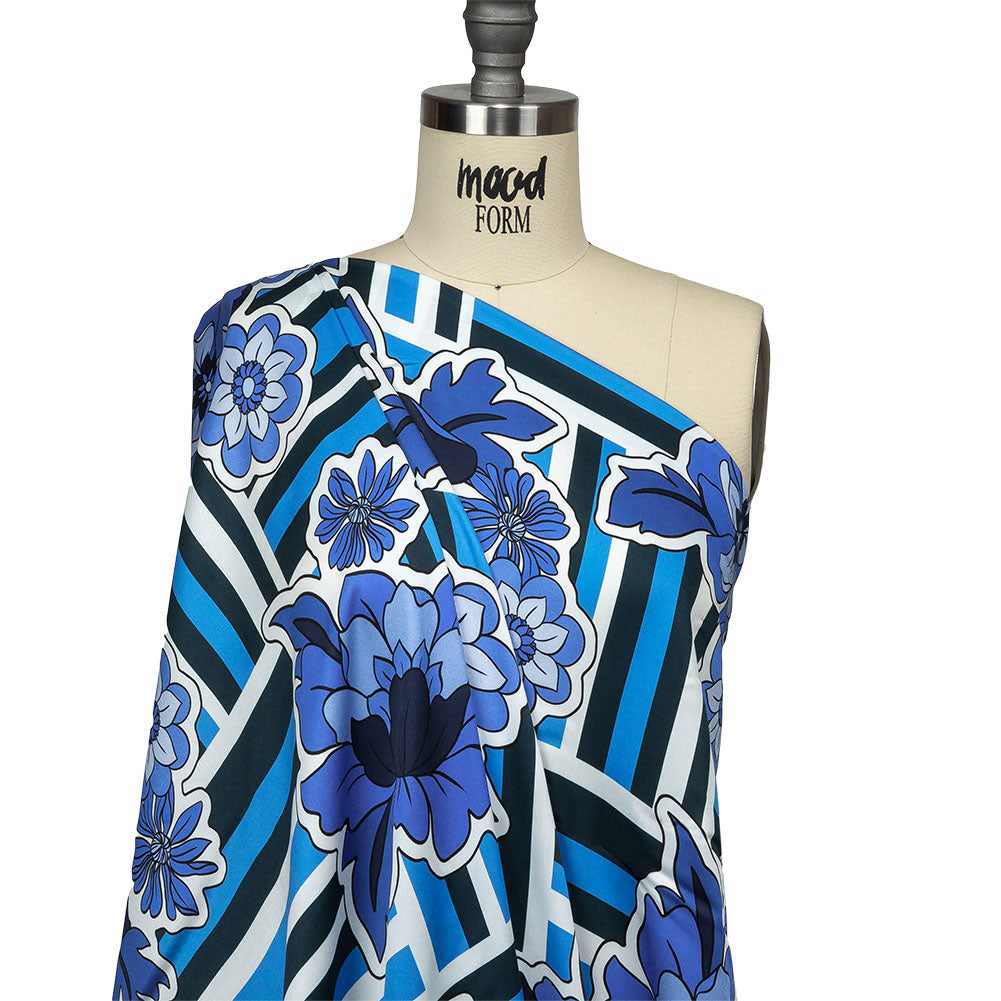 Rayon Challis - Flowers and Stripes - Stuck on Blue Print - Mood Exclusive Indigo Collection - Joann Fabrics