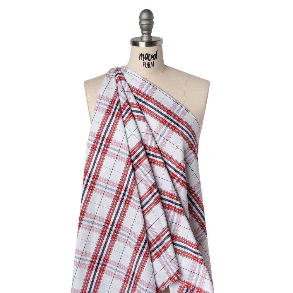 Cotton Oxford Shirting - Navy Blue, Red and White Plaid - Deadstock - Joann Fabrics