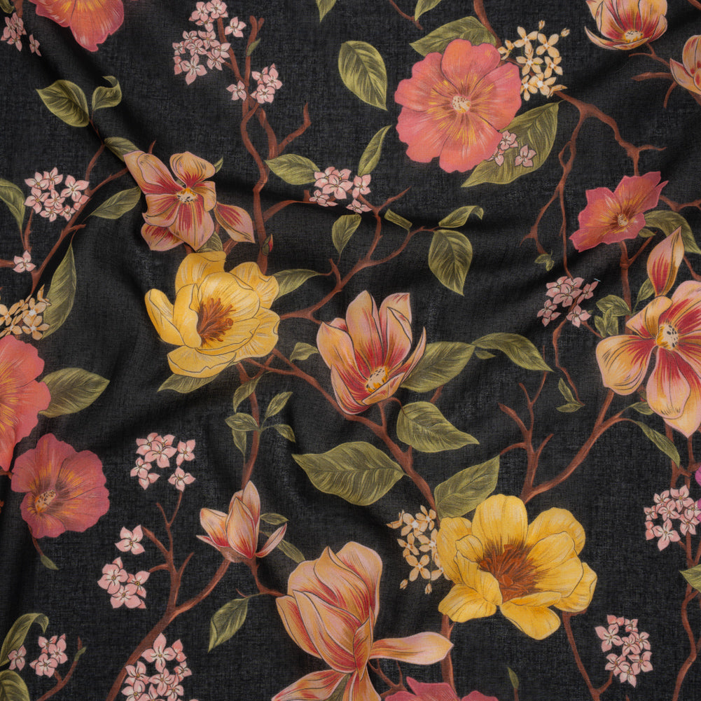 Cotton Voile - Pink, Fuchsia Purple and Black Flowering Branches - Mood Exclusive Eve’s Euphoria Print - Joann Fabrics
