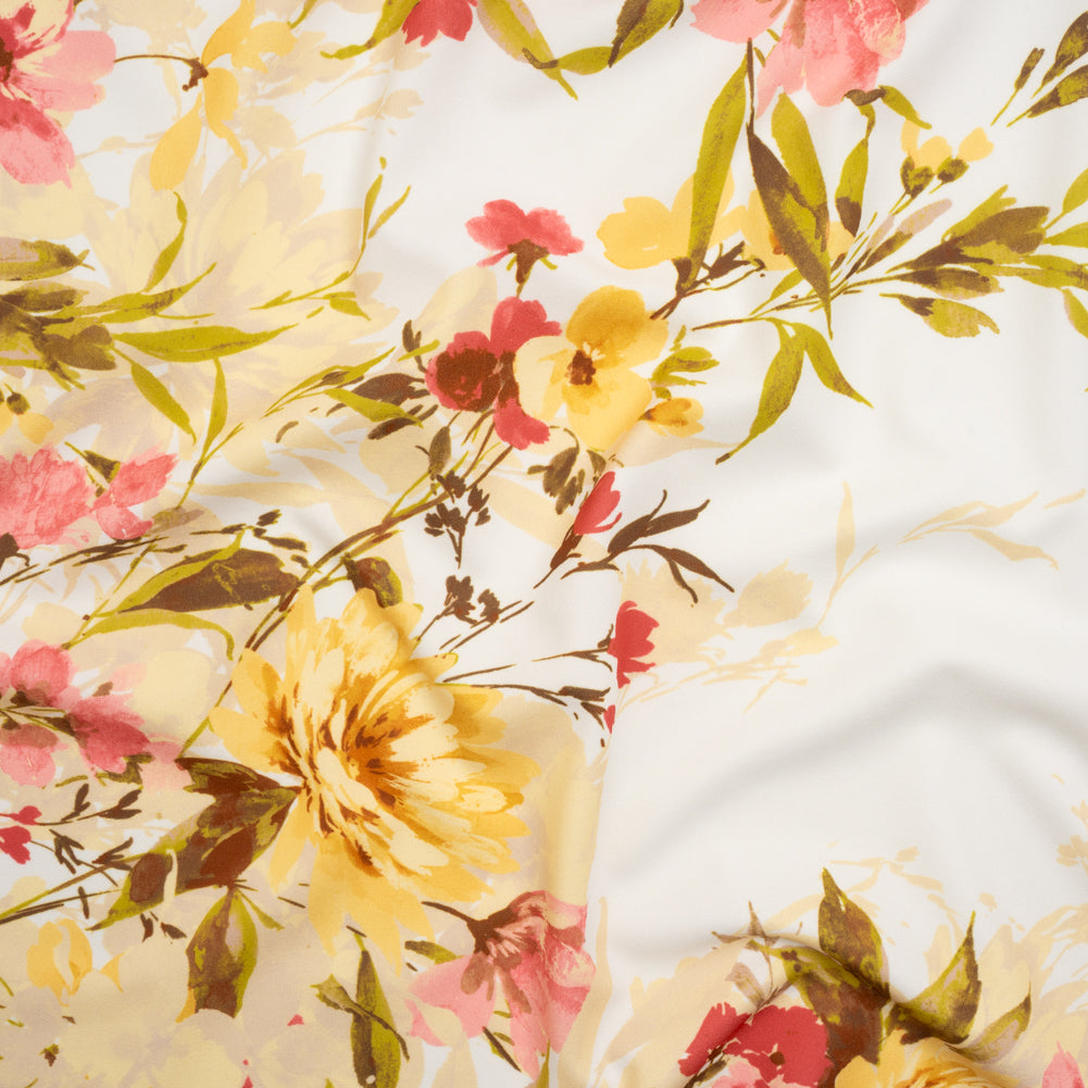 Stretch Polyester Crepe Double Knit - Ivory, Butter Yellow and Rose Pink Floral Border - Designer Deadstock - Joann Fabrics
