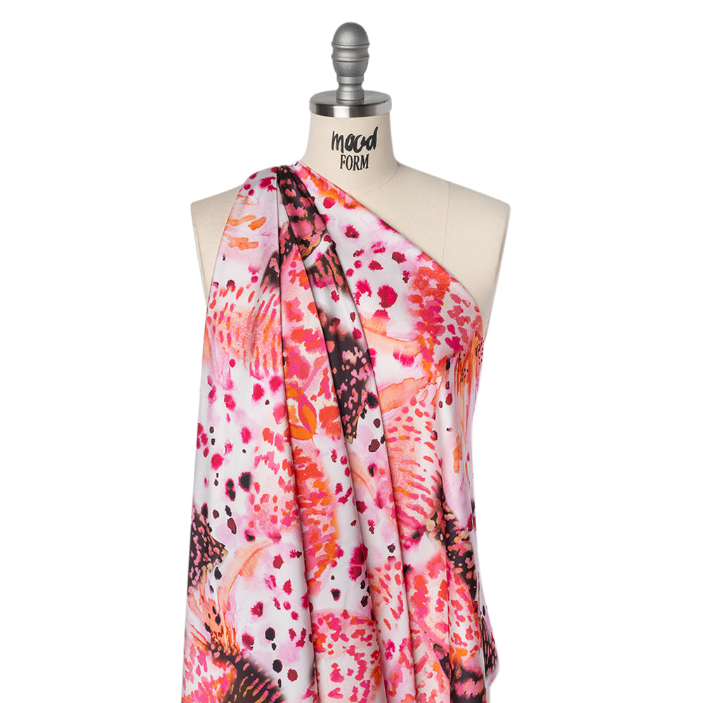 Polyester Satin - Vivid Pink, Orange and Black Abstract Florals and Spots - Mood Exclusive Mirage Botanique Print - Joann Fabrics