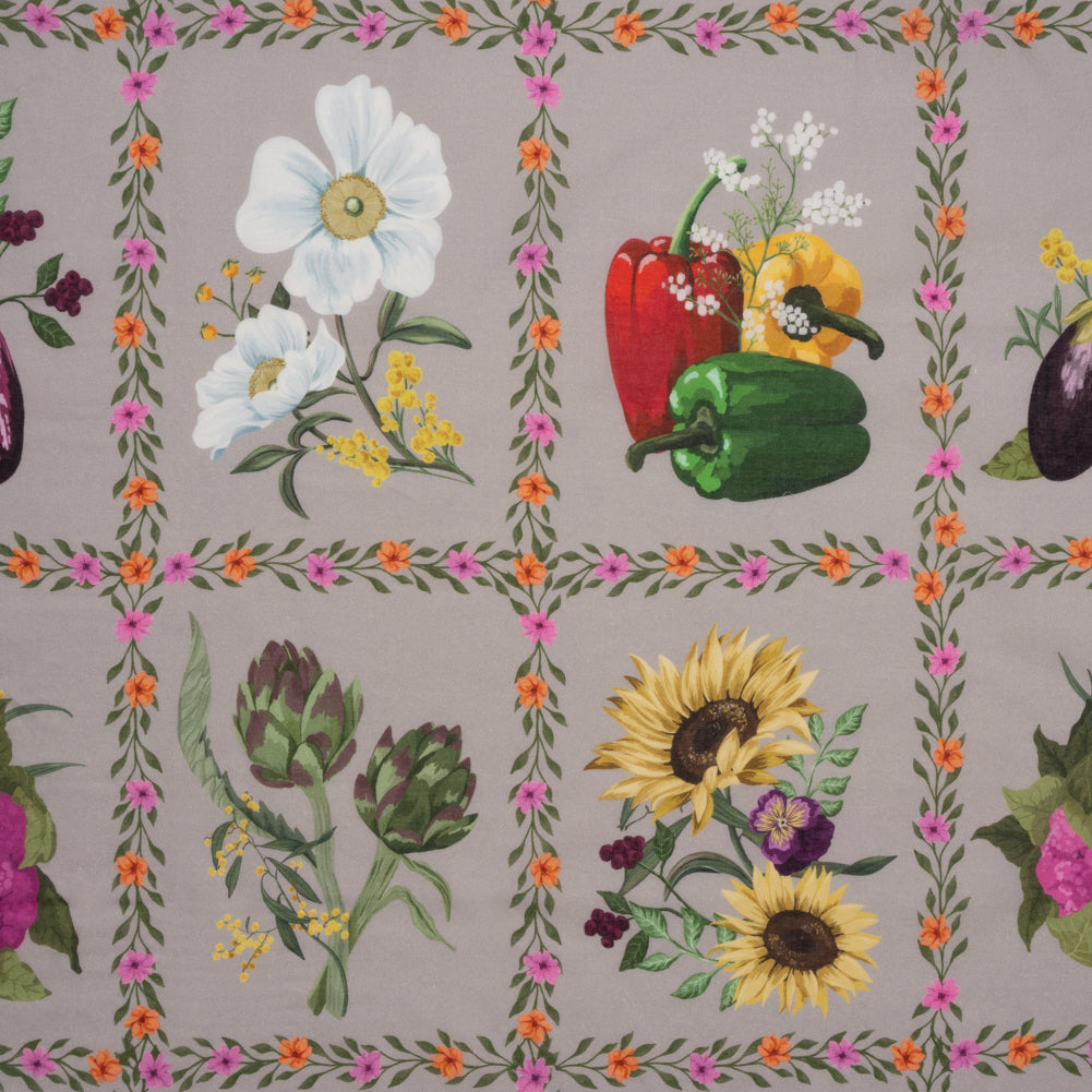 Cotton Voile Print - Beige, Yellow and Purple Floral and Vegetable Grid - Mood Exclusive Sunday with Nonna - Joann Fabrics