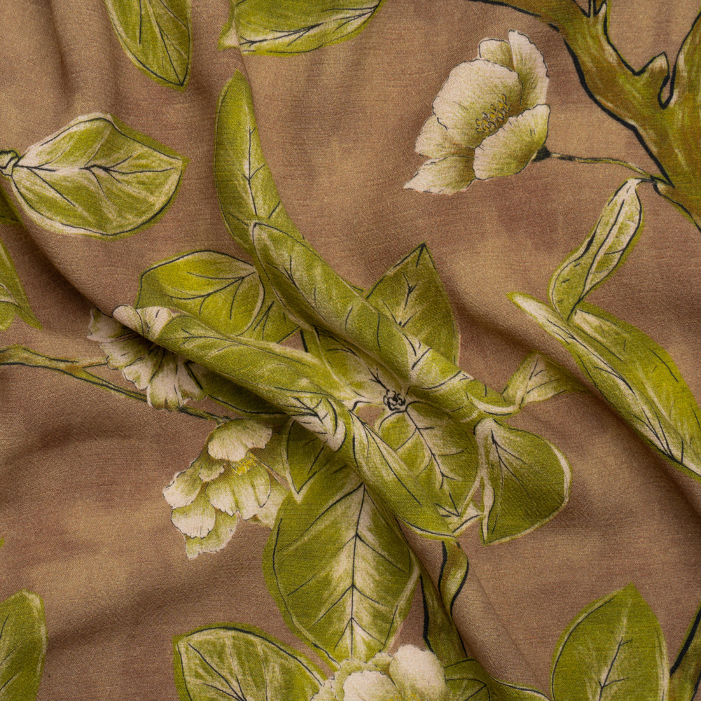 Sustainable Viscose Crepe Print - Brown and Leaf Green Floral - Mood Exclusive Dolomite Daisies - Joann Fabrics