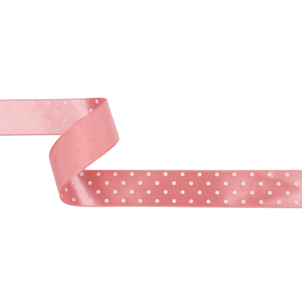 Flamingo and White Polka Dot Satin Ribbon - 1