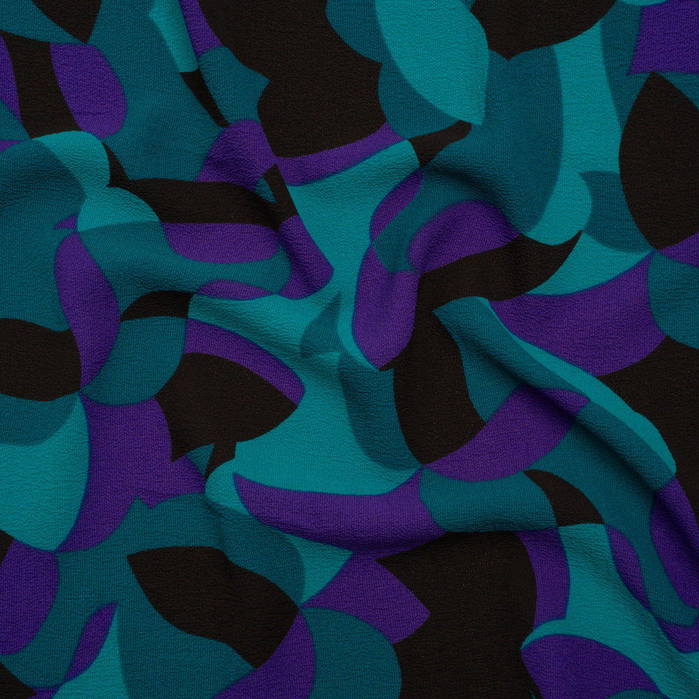 Stretch Polyester Crepe Print - Teal, Purple and Black Abstract - Designer Deadstock - Joann Fabrics