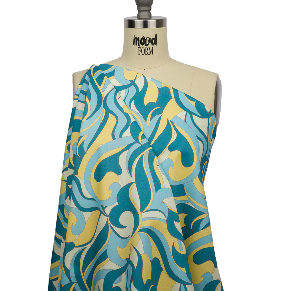 Stretch Cotton Sateen - Blue and Yellow Abstract - Wave Hello Print - Mood Exclusive Groove Collection - Joann Fabrics