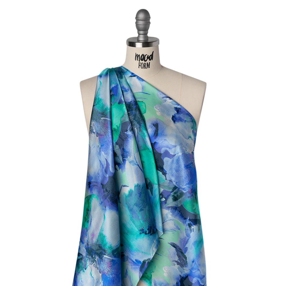 Silk Charmeuse Print 16MM, Made in Italy - Blue, Green and Light Purple Watercolor Flowers - Joann Fabrics