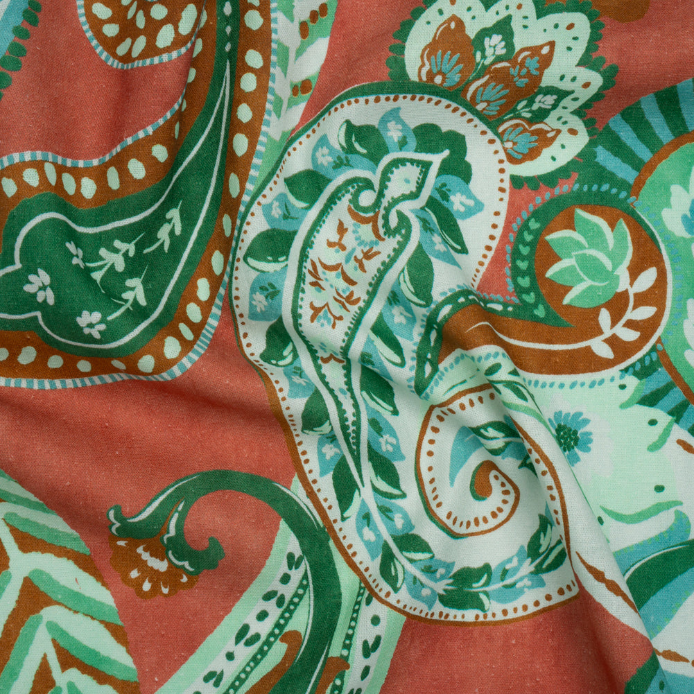 Linen and Rayon Woven - Green, Sky Blue and Ginger Spice Paisley - Mood Exclusive Sprightly Scrolls Print - Joann Fabrics