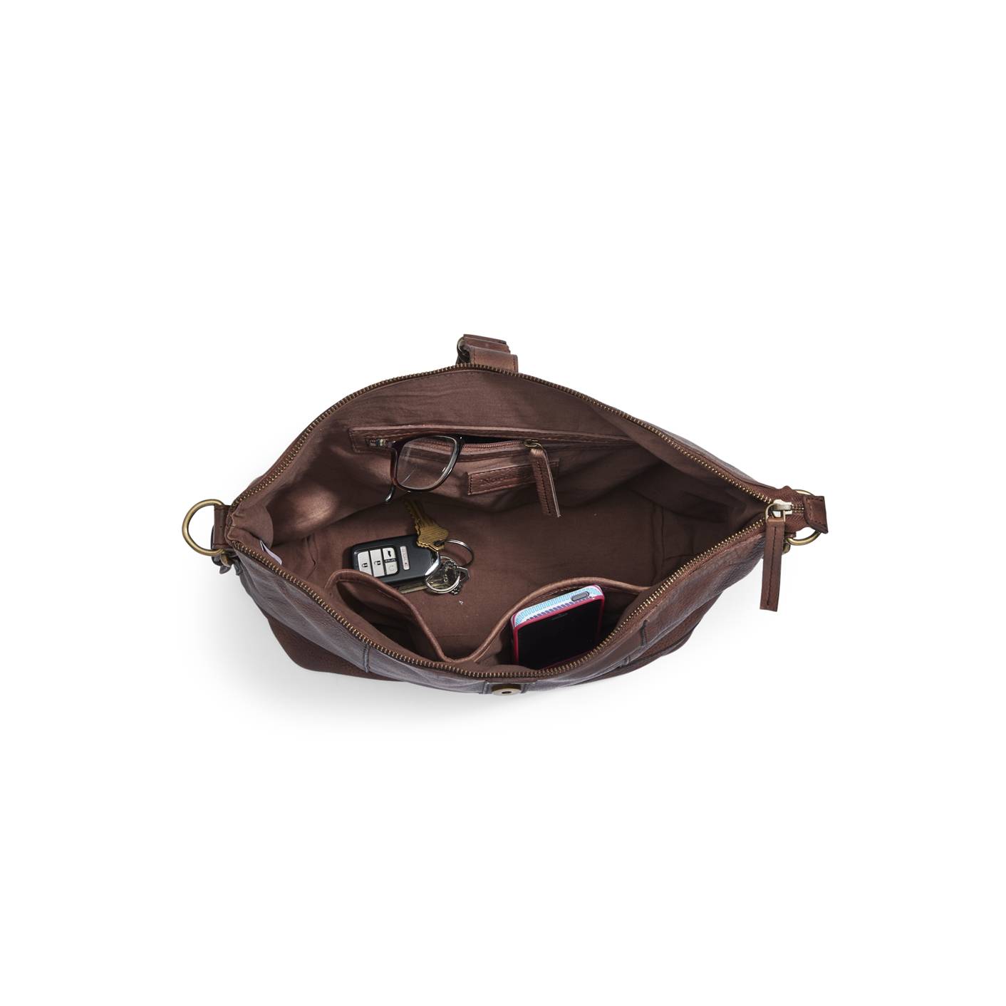 Strap-Accent Chocolate Leather Shoulder Bag, Zip Top, Interior Pockets - Northstyle Catalog