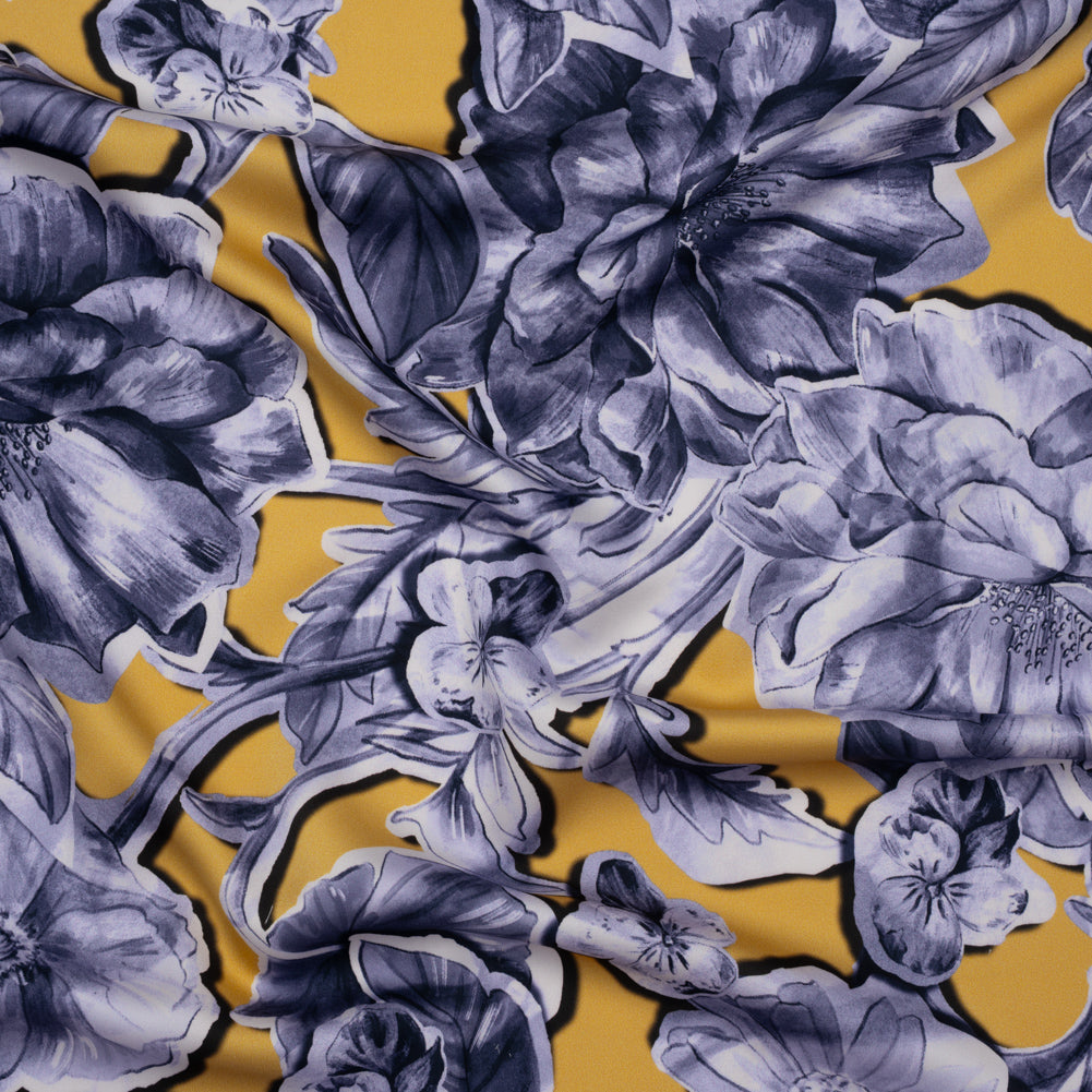 Polyester Satin - Gold and Steel Blue Illustrated Flower Collage - Mood Exclusive Floral Montage Print - Joann Fabrics