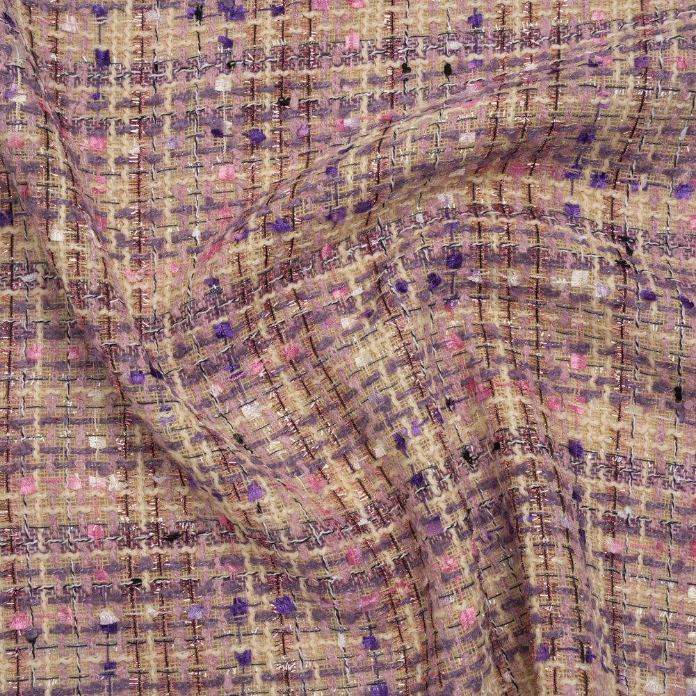 Polyester Tweed with Eyelash Fringe - Beige, Purple and Pink Striated Plaid - Joann Fabrics
