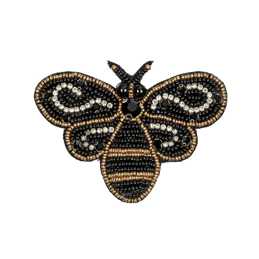 Black and Gold Queen Bee Rhinestone and Glass Beaded Applique - 2.25