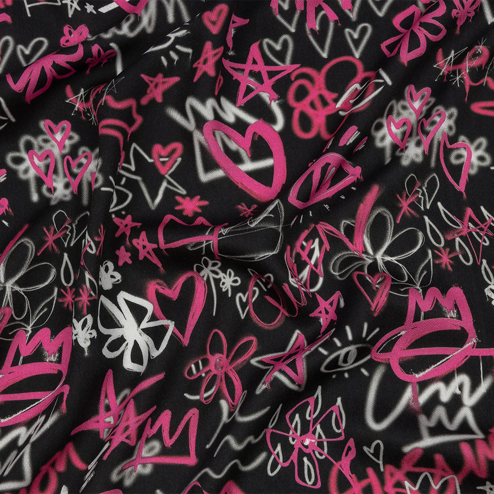 Rayon Challis - Pink and Black Graffiti Doodles - Spontaneous Collaboration Print - Mood Exclusive Metro Collection - Joann Fabrics