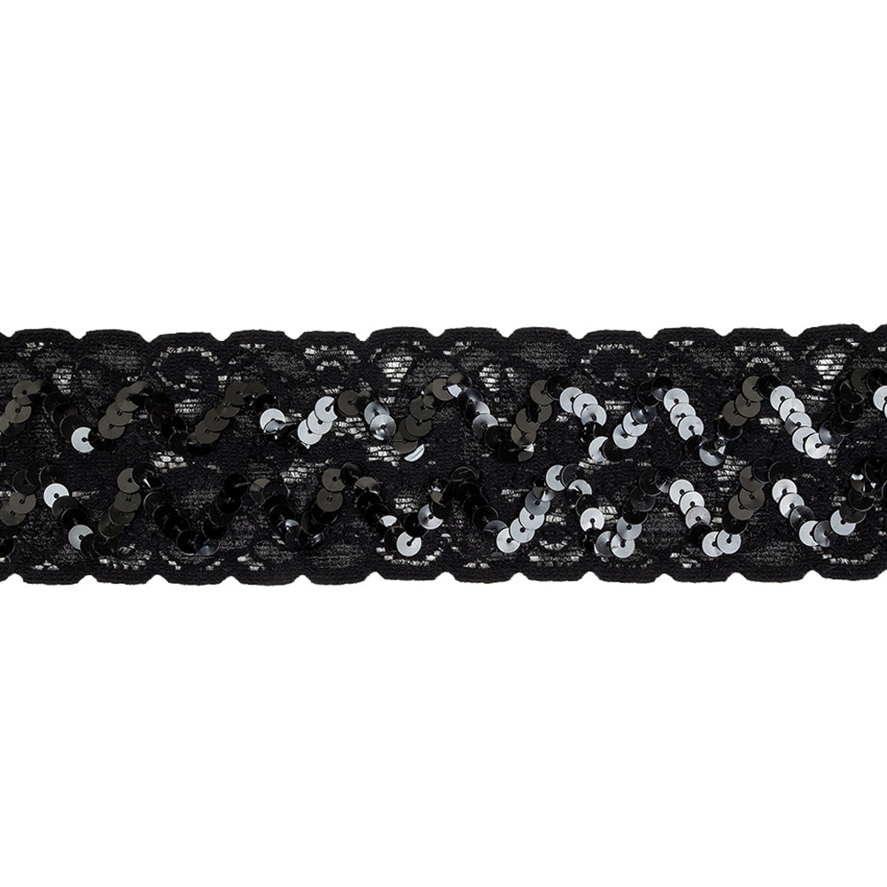 Black Sequined Zig Zags on Classical Lace Trim - 2.375